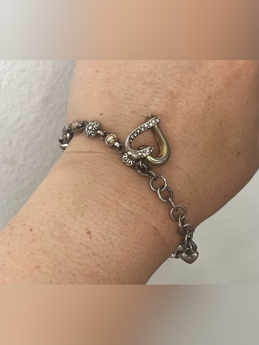 Brighton Two-Tone Silver and Gold Heart clear rhinestone charm  Link Bracelet